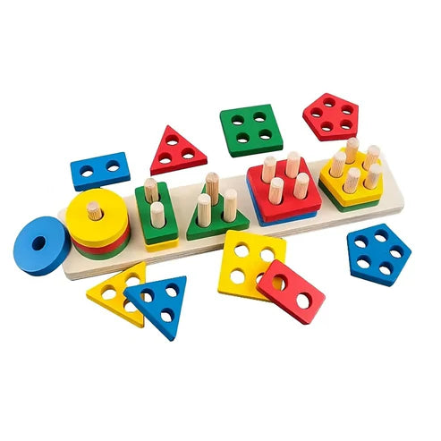 Wooden Geometric Cognitive Puzzle – 5-Set Column Educational Shape Sorting Toy for Kids