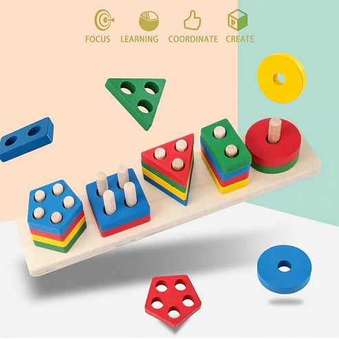 Wooden Geometric Cognitive Puzzle – 5-Set Column Educational Shape Sorting Toy for Kids