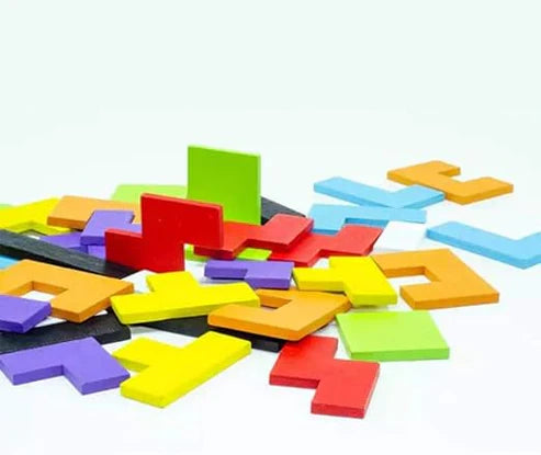 Wood Intelligence Puzzle Bricks – Montessori Wooden Pattern Blocks & Colorful Tangram Puzzle for Kids