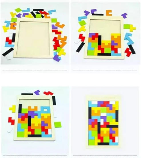 Wood Intelligence Puzzle Bricks – Montessori Wooden Pattern Blocks & Colorful Tangram Puzzle for Kids