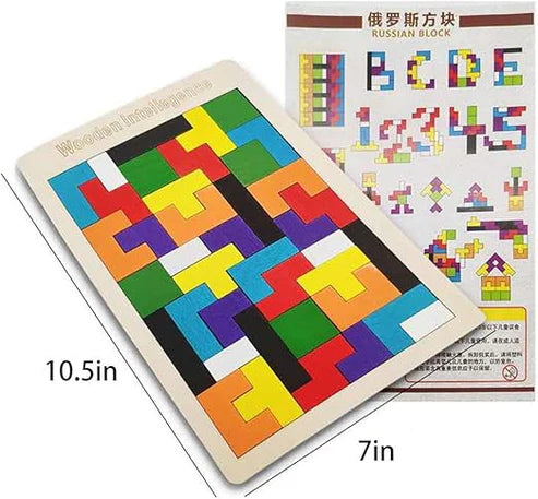 Wood Intelligence Puzzle Bricks – Montessori Wooden Pattern Blocks & Colorful Tangram Puzzle for Kids