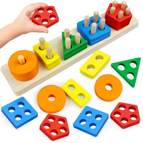 Wooden Geometric Cognitive Puzzle – 5-Set Column Educational Shape Sorting Toy for Kids