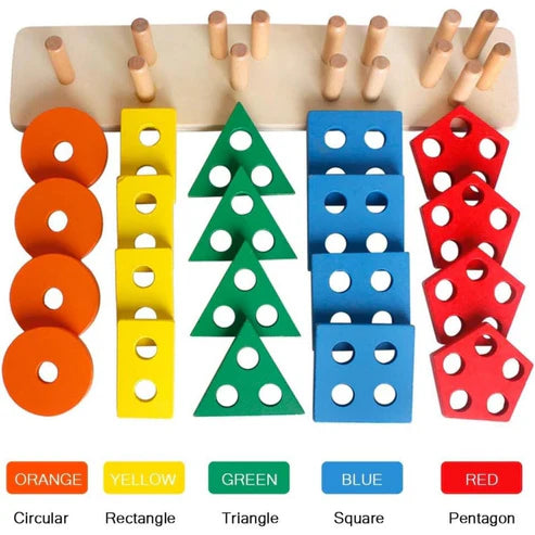 Wooden Geometric Cognitive Puzzle – 5-Set Column Educational Shape Sorting Toy for Kids