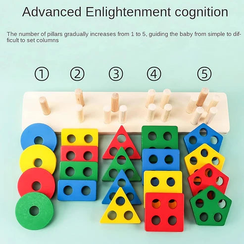 Wooden Geometric Cognitive Puzzle – 5-Set Column Educational Shape Sorting Toy for Kids